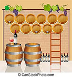 イラスト：ワイン樽とブドウとボトルワイン